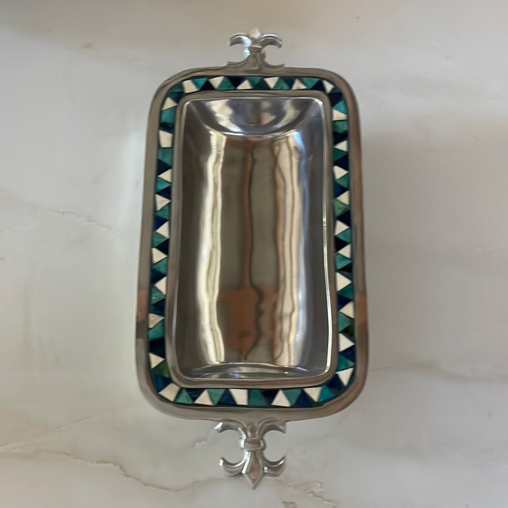 Pewter Fleur-De-Lie Serving Dish with navy blue, turquoise & cream trim